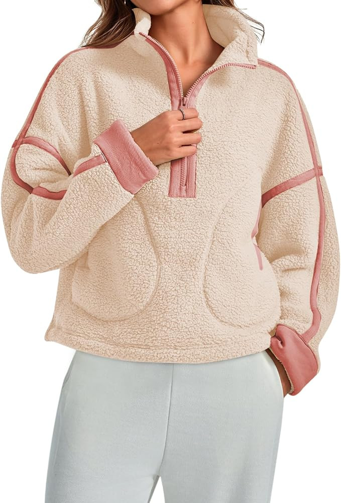 Women Sherpa Fleece Jacket Half Zip Oversized Cropped Sweatshirt Long Sleeve Pullover 2025 Winter... | Amazon (US)