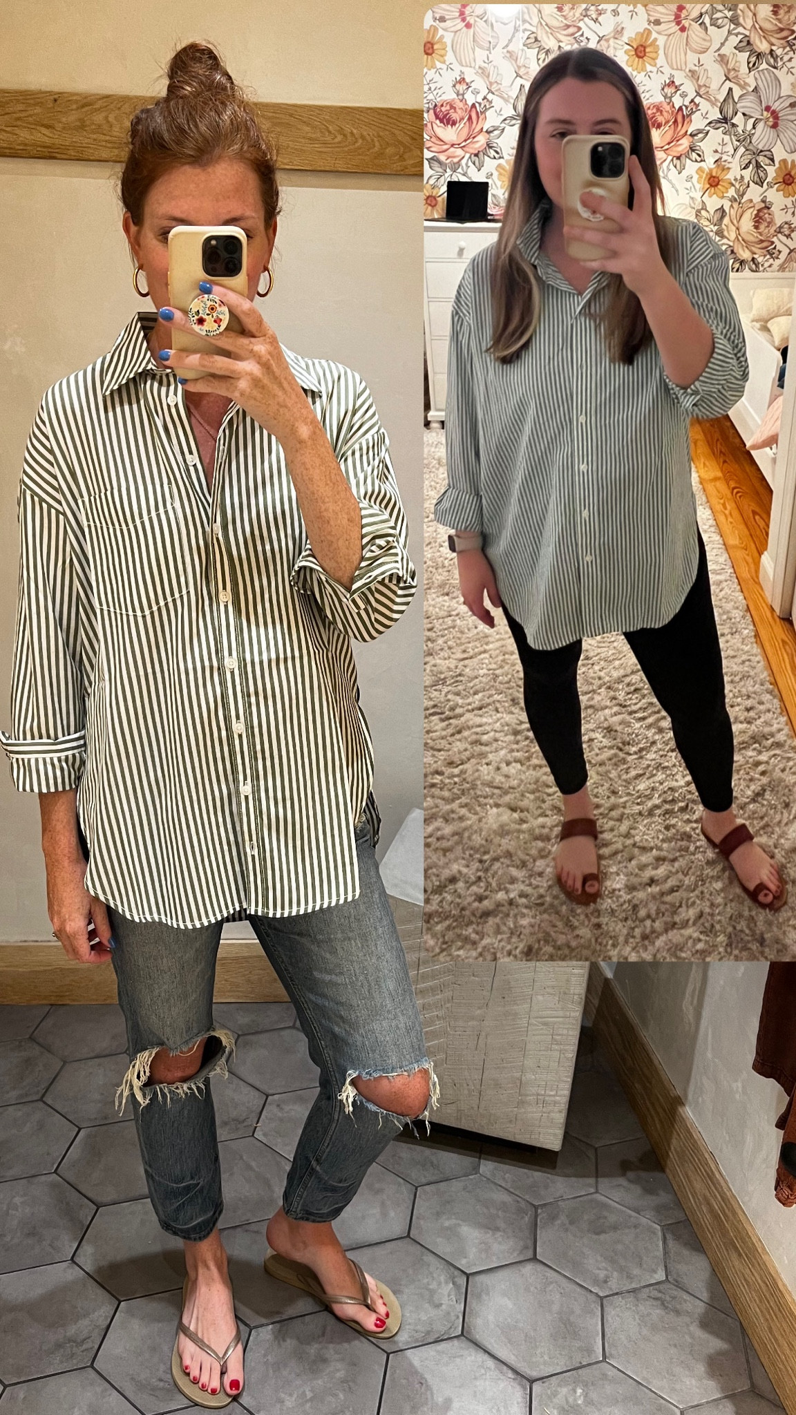 Splurge vs Save! 

I am wearing Anthro’s popular oversized button up. It runs big, I wear a small. And I loved wearing this pregnant and postpartum while nursing.

Target just brought in their version of it for a quarter of the price, it’s oversized and Karlie is in her true size large.