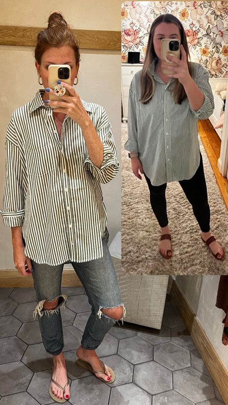 Splurge vs Save! 

I am wearing Anthro’s popular oversized button up. It runs big, I wear a small. And I loved wearing this pregnant and postpartum while nursing.

Target just brought in their version of it for a quarter of the price, it’s oversized and Karlie is in her true size large.