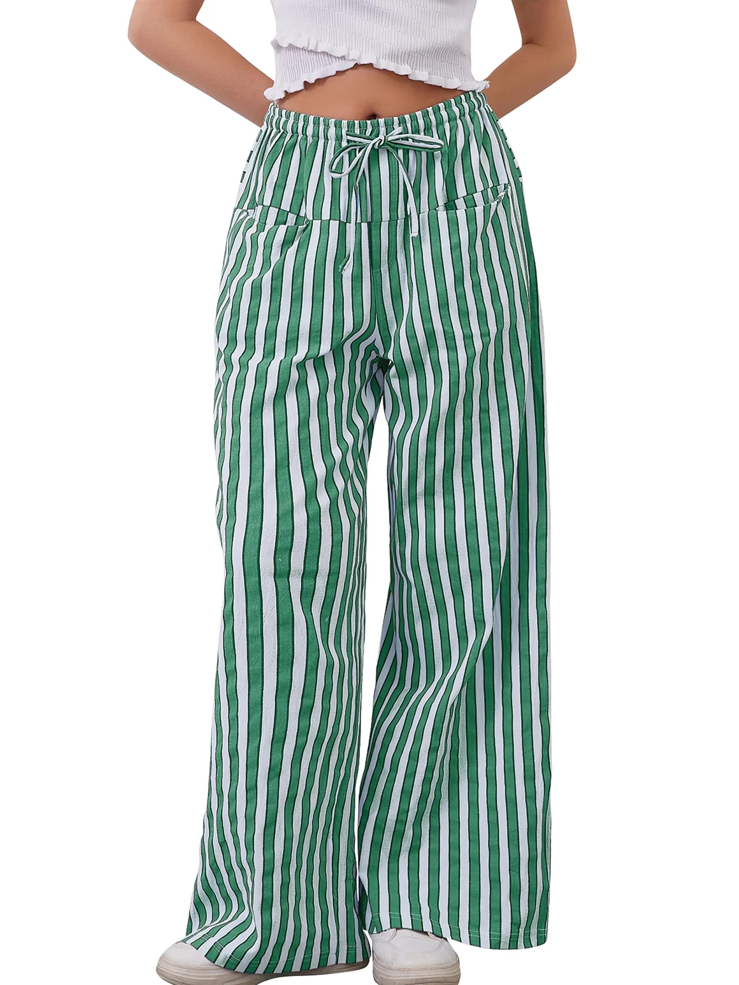 TEMOFON Womens Pants Casual Palazzo Wide Leg Striped Lounge Pants Comfy Drawstring Loose Fit Over... | Walmart (US)