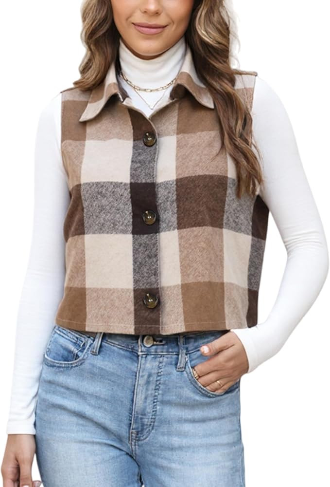 UANEO Womens Fall Cropped Plaid Vest Flannel Button Down Sleeveless Shirt Jacket Lapel Collar Gil... | Amazon (US)