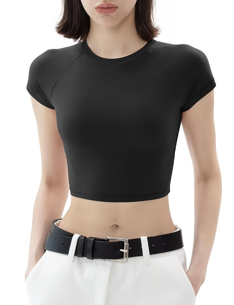 PUMIEY Women's Short Sleeve Crop Tops Crew Neck T Shirt Sexy Tee Smoke Cloud Collection | Amazon (US)