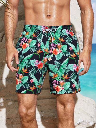 Men Tropical Print Drawstring Waist Swim Trunks | SHEIN