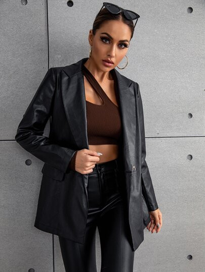 Flap Detail PU Leather Blazer | SHEIN