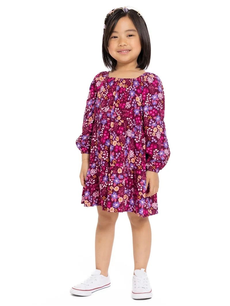 Wonder Nation Toddler Girl Long Sleeve Floral Printed Dress, Sizes 12M-5T | Walmart (US)