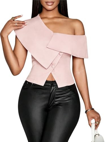 OYOANGLE Women's Off The Shoulder Tops Going Out Summer T Shirts | Short Sleeve, Asymmetrical Spl... | Amazon (US)