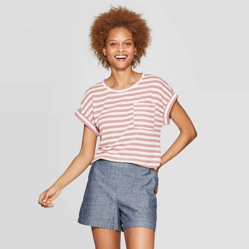Women's Striped Regular Fit Short Sleeve Crewneck Linen Cuff T-Shirt - A New day™ | Target