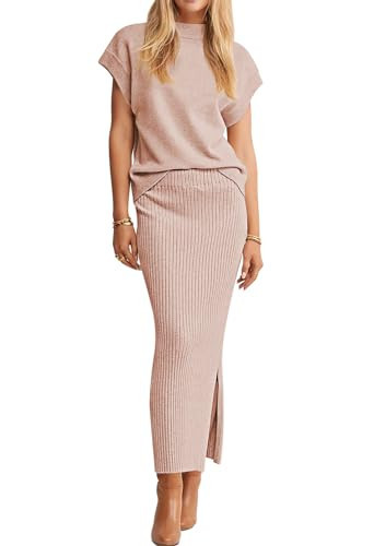 Pink Queen Women's 2 Piece Sweater Outfits Set Spring Cap Sleeve Round Neck Top Ribbed Split Bodycon Pencil Midi Long Skirt Knit Dresse Wedding Guest Shrimp Pink S | Amazon (US)