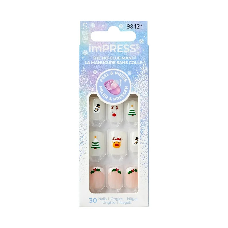 KISS imPRESS Holiday Press on Nails, Design, Holiday Playlist, White, Short Squoval, 30 Count | Walmart (US)