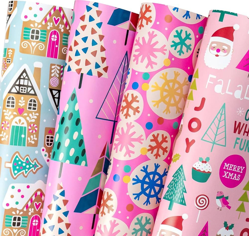 WRAPAHOLIC Christmas Wrapping Paper Sheet - 12 Sheets Pink Chrismas Tree and House Design Folded ... | Amazon (US)