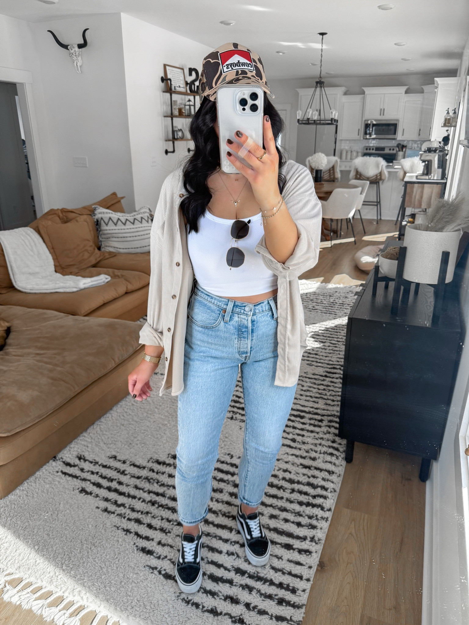 Neutral Spring Outfit 🤍

Corduroy Button Down — I sized up one to a medium for an oversized fit!
Tank Top — small
Jeans — 27
*trucker hat is in the brown camo option! 

Love this neutral spring transition outfit! It’s such a simple and easy every day outfit that’s comfortable & looks put together! 

I styled this corduroy button down over this white cropped tank top from Amazon and paired it with my Levi’s skinny jeans! These skinny jeans have a button fly closure which is my favorite part because I feel like they hold me in a little bit more than jeans with a button/zipper closure! I finished the look with my platform van sneakers, and a fun trucker hat from Etsy to finish off this casual look.

#LTKShoeCrush #LTKFindsUnder50 #LTKFindsUnder100