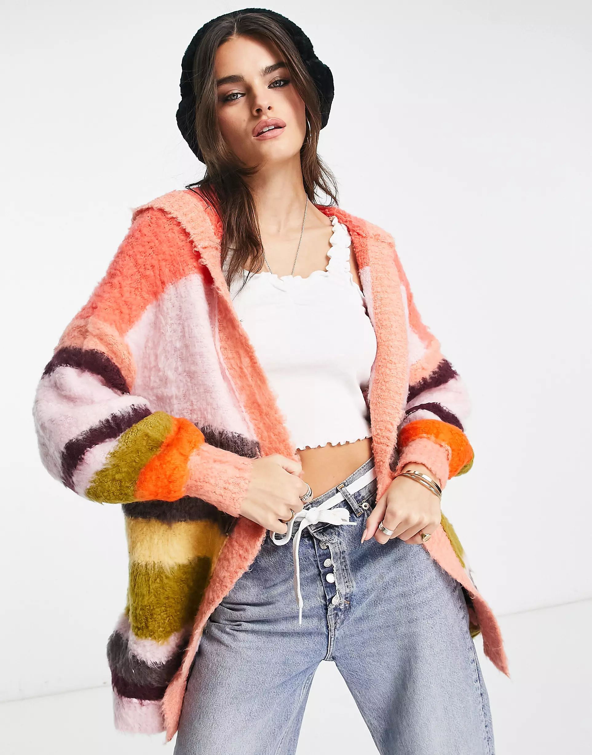 Free People oversized striped cardigan in coral multi | ASOS (Global)