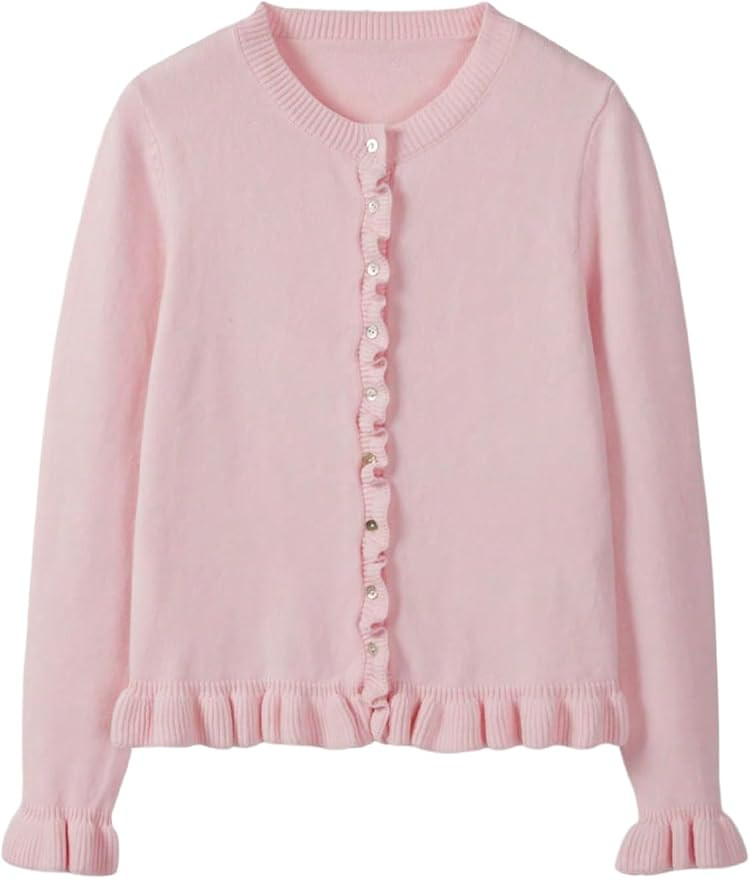 GORGLITTER Women's Button Up Ruffle Cardigan Sweaters Crew Neck Long Sleeve Knitwear Tops       
... | Amazon (US)
