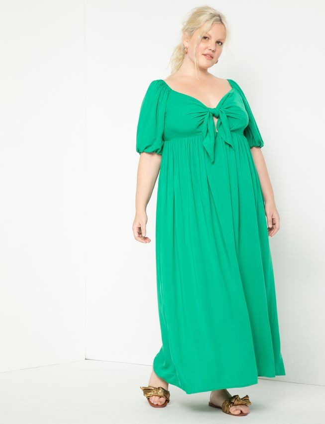 Tie Front Full Skirted Maxi Dress - Emerald | Eloquii
