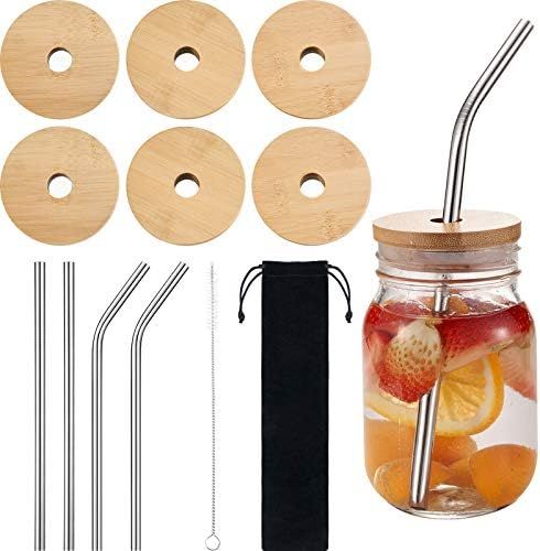6 Sets Jar Lids with Straw Hole, Regular Mouth Bamboo Jar Lids Compatible with Mason Jar and 4 piece | Amazon (US)