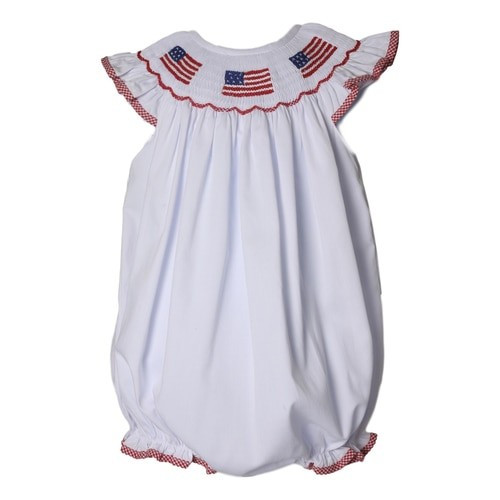 White Pique Smocked Flag Girls Bubble - Shipping Early June | Cecil and Lou