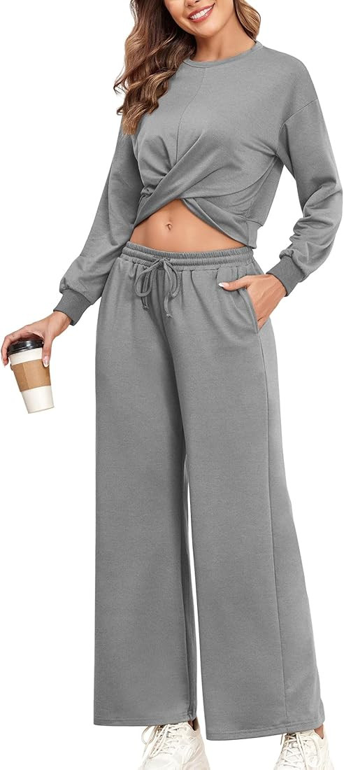 ZAFUL Women's Fall 2 Piece Sweatsuit Sets Twist Front Cropped Sweatshirt withe Wide Leg Sweatpant... | Amazon (US)