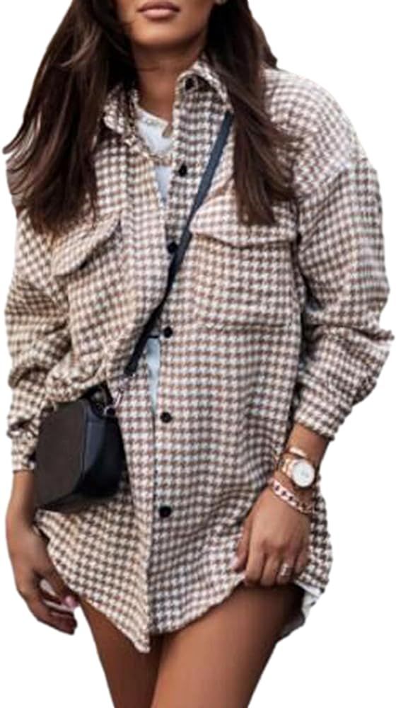 FindThy Women’s Houndstooth Plaid Shacket Button Front Mid-Long Jacket Coat Shirt | Amazon (US)