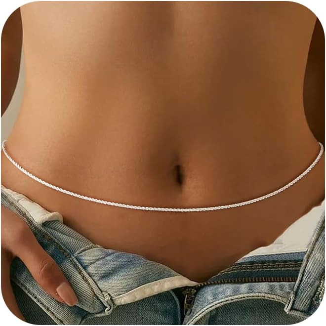 CHESKY Silver Belt Waist Chain, Dainty Streling Silver Plated Belly Chain Waterproof Body Chain Jewelry for Women Silver Chain Belt Waist Beads Festival Outfits for Womens Beach Rave Accessories for Womens | Amazon (US)