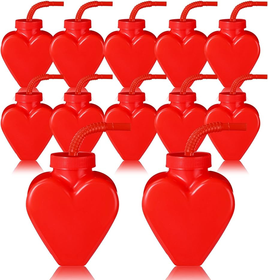 Red Heart Shaped Cups with Straws and Lids 10 Oz Plastic Heart Drink Cup Valentine's Day Party Fa... | Amazon (US)