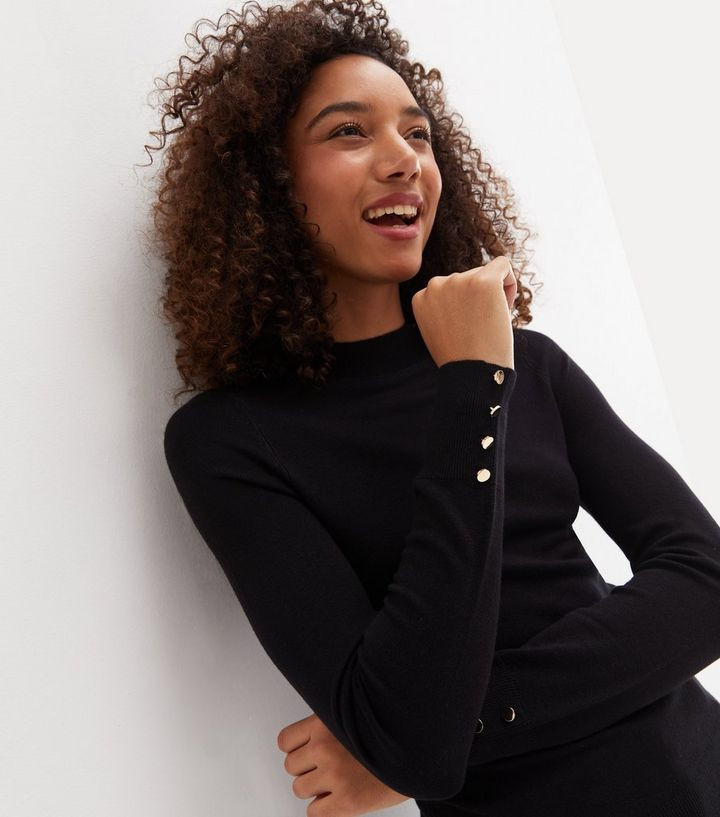 Black Soft Fine Knit High Neck Button Sleeve Jumper
						
						Add to Saved Items
						Remove ... | New Look (UK)