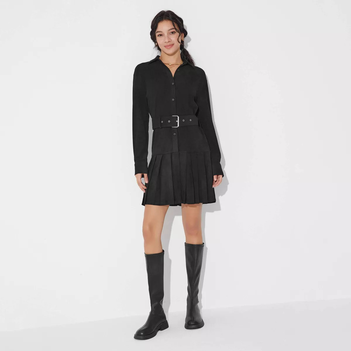 Women's Long Sleeve Suede Mini Shirtdress - Wild Fable™ Black L | Target
