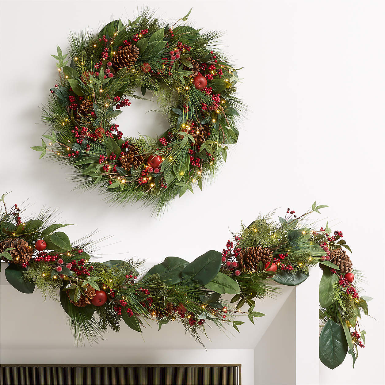 Faux Pre-Lit Frosted Red Berry and Pine 30" Wreath and 6' Garland Set + Reviews | Crate & Barrel | Crate & Barrel