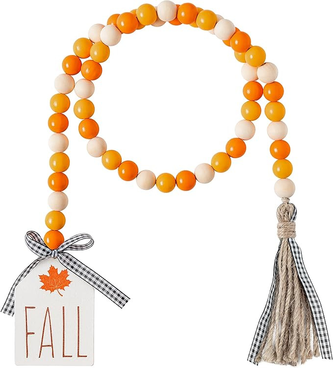 R HORSE Fall Wood Bead Tassel Garland, 40inch Thanksgiving Farmhouse Rustic Bead with Jute Rope P... | Amazon (US)