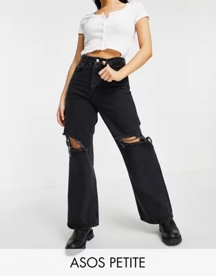 ASOS DESIGN Petite high rise 'relaxed' dad jeans in washed black with rips | ASOS (Global)