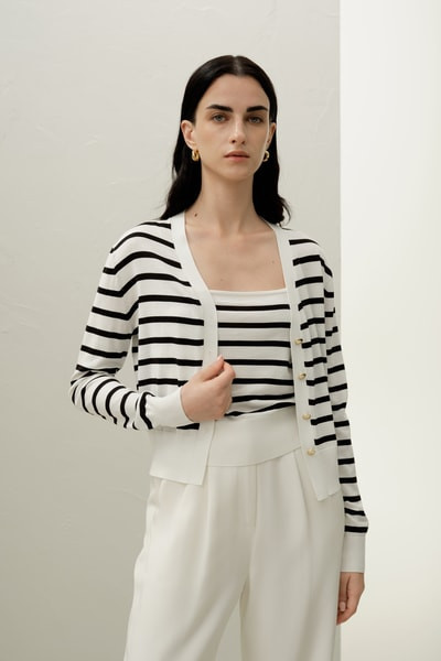 Luxurious Silk-Cotton Striped Knit Cardigan Set for Women | LILYSILK