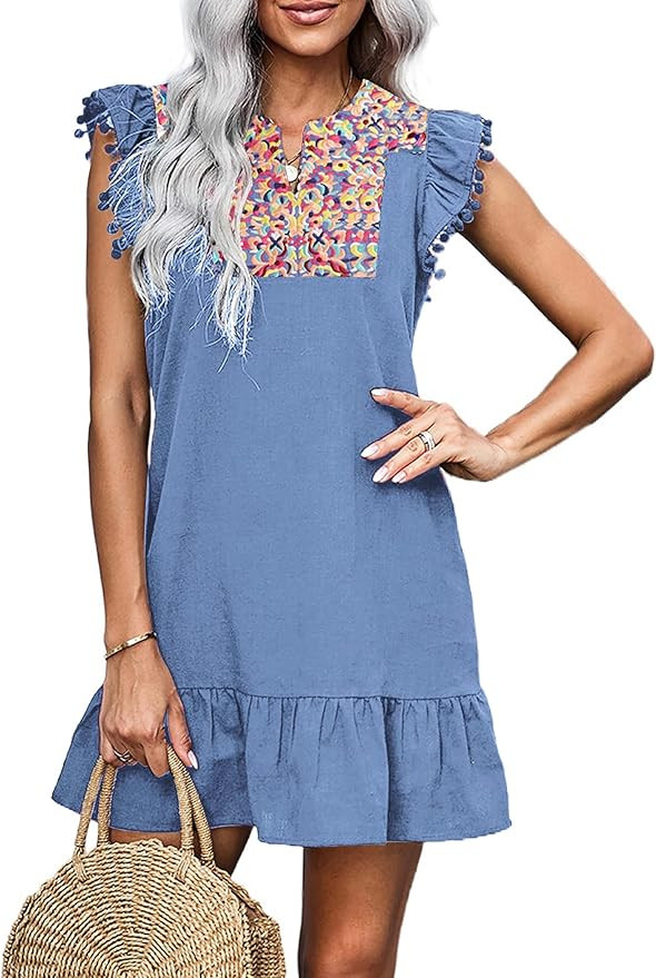 KIRUNDO Women's 2026 Summer Mini Dress Spring Casual V Neck Floral Embroidered Ruffle Sleeveless ... | Amazon (US)