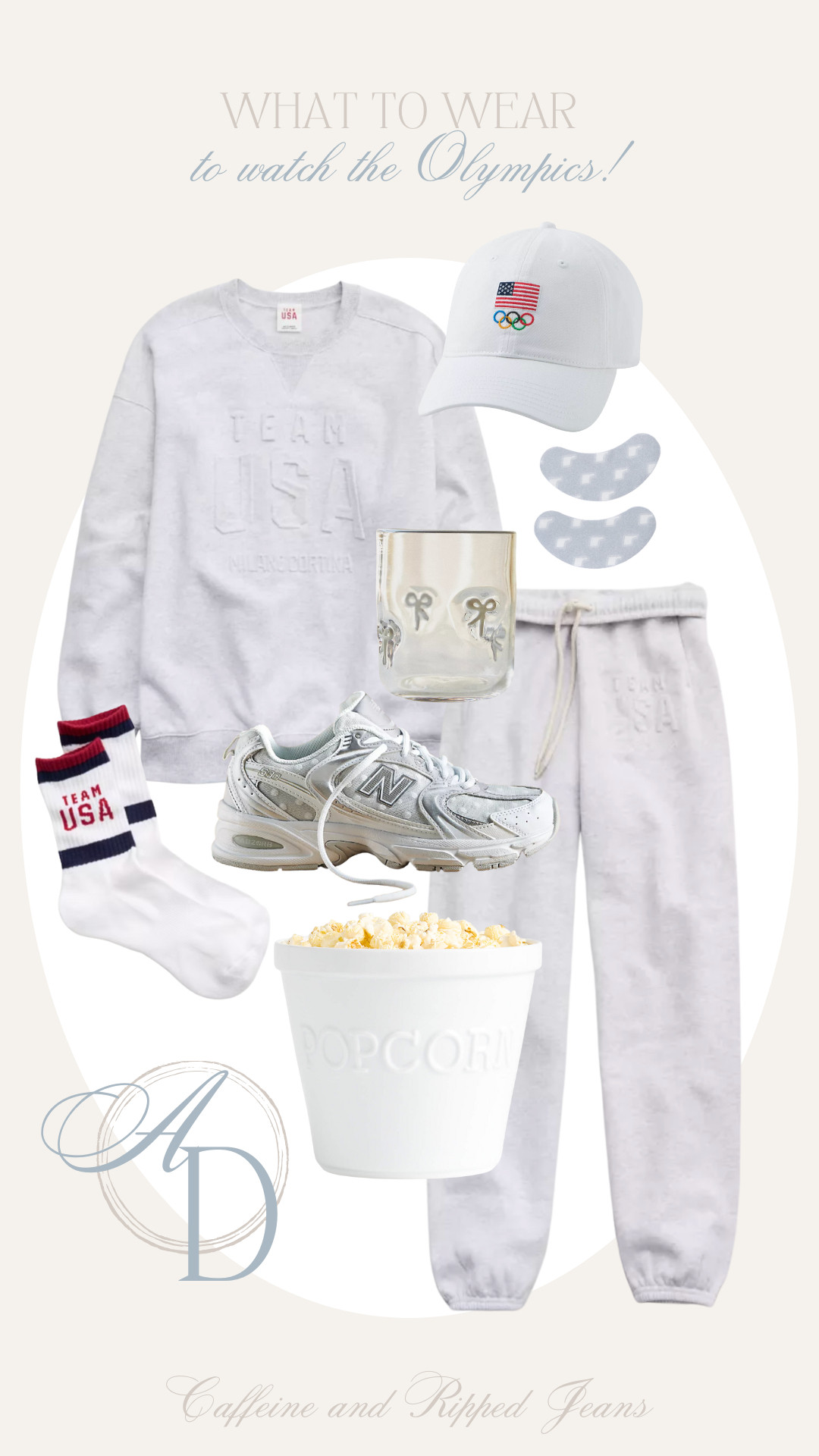 // what to wear to: watch the olympics! // new aerie olympics merch drop // team usa merch // olympics merch // popcorn bucket // watch party popcorn bowl // polka dot new balances // bow icon glass // team usa hat // 

 #LTKootd #LTKSeasonal #LTKActive
