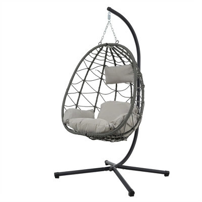 ELJGET Hanging Egg Chair with Stand, Indoor Outdoor Wicker Rattan Egg Swing Chair Hanging Basket Chair with Cushion Headrest, Gray | Target