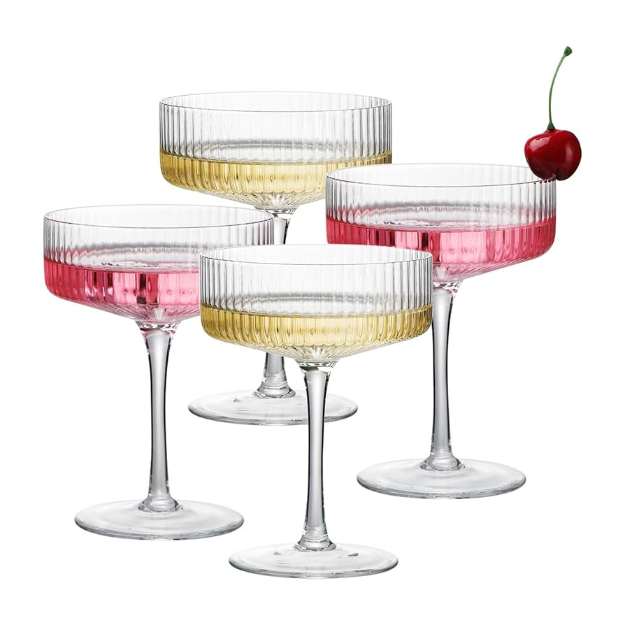 4 Pcs Ribbed Coupe Glasses, 10 oz Vintage Cocktail Coupe Glasses Set, Unique Martini Glass, Class... | Amazon (US)
