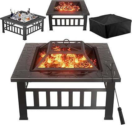 Greesum Multifunctional Patio Fire Pit Table, 32in Square Metal BBQ Firepit Stove Backyard Garden... | Amazon (US)