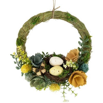 Northlight 12" Easter Egg and Bird Nest Wreath with Wooden Flowers | Target
