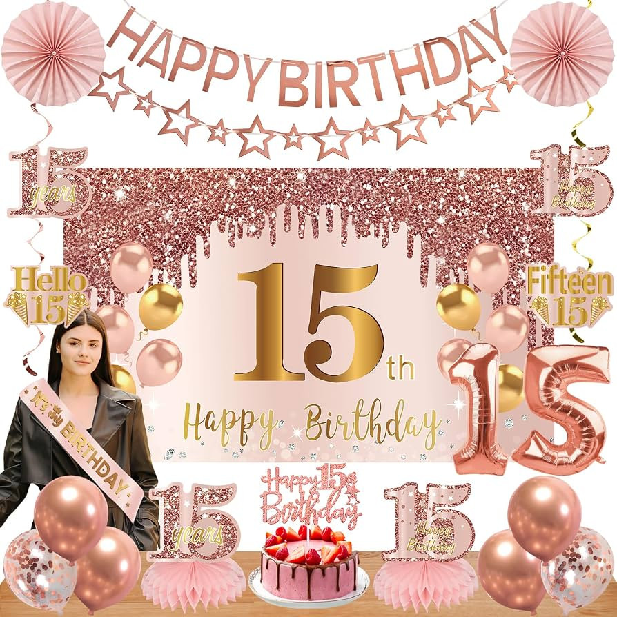 Turypaty 15th Birthday Decorations for Girls, Pink Rose Gold Happy 15 years old Birthday Banner B... | Amazon (US)
