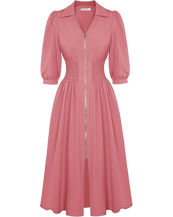 GRACE KARIN Women Fall Midi Dress 2025 A Line Smocked Work Dress Fit and Flare V Neck Zipper 3/4 ... | Amazon (US)