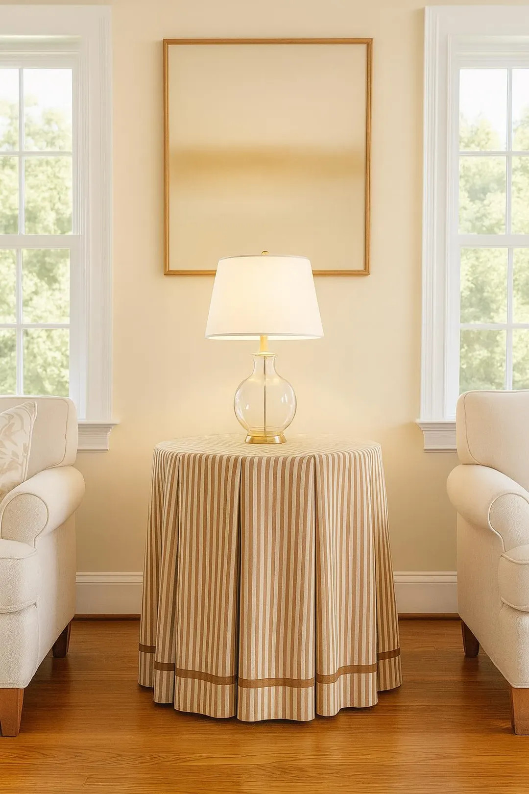 Brown ticking stripe 8 pleats tableskirt with khaki color grosgrain trim Round table-skirt, pleat... | Etsy (US)