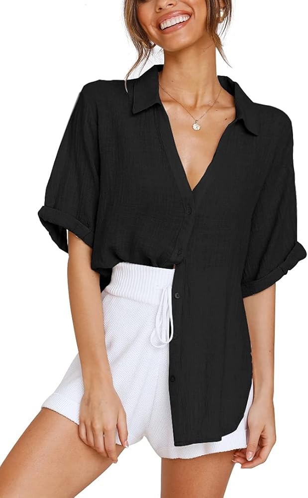 LOMON Womens Short Sleeve Button Down Shirts Cotton Linen Collared V Neck Tops Blouses Business C... | Amazon (US)
