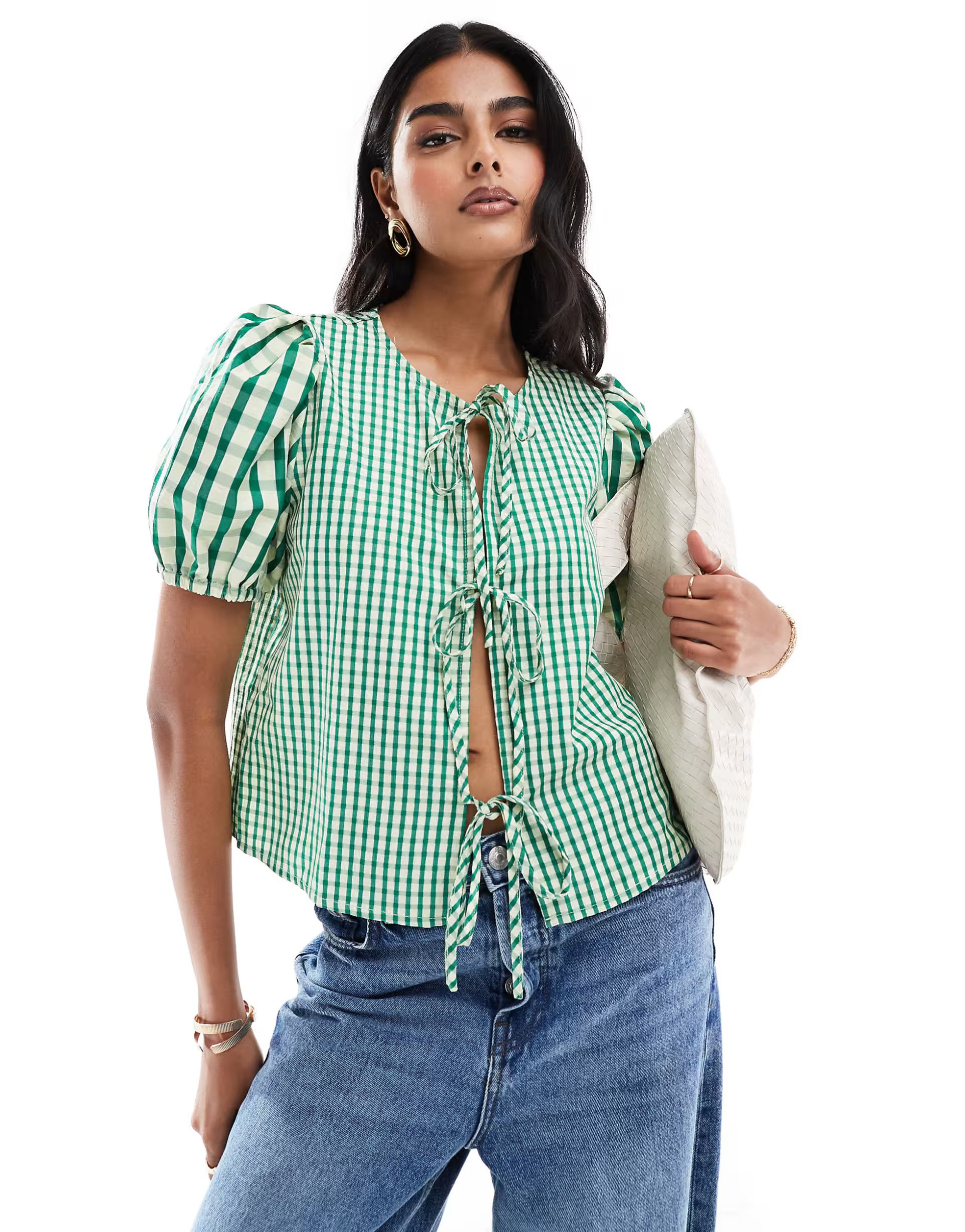 ONLY gingham front tie detail top in green | ASOS (Global)