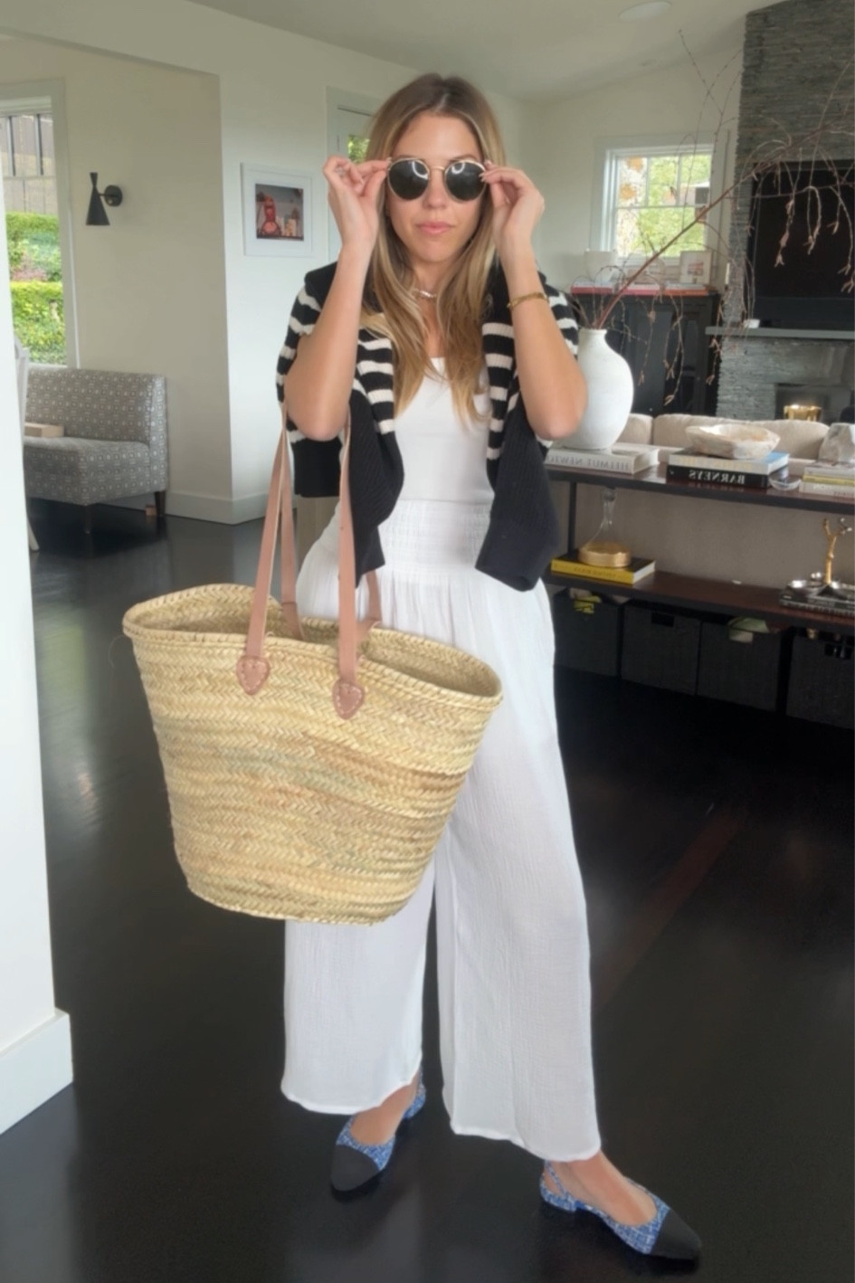 Perfect farmers market outfit. Wearing these ultra versatile marine layer pants and white tank! My sweater is La Ligne  and sold out but I’ve linked similar!! 

I’m wearing an XS in the tank and pants! 

#LTKtravel #LTKfindsunder50 #LTKfindsunder100