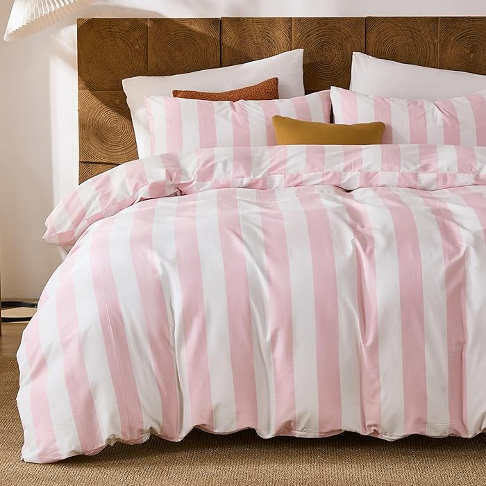 Merryword Pink and White Striped Duvet Cover Set Queen Size, 100% Cotton Bedding Set with Zipper ... | Amazon (US)