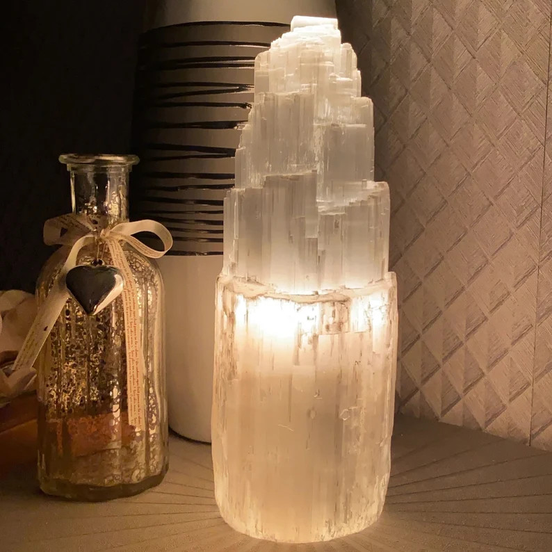 Large Selenite Tower Lamp Natural Crystals Spiritual Cosy Night Light Table Lamp for Sale Satin S... | Etsy (Global)