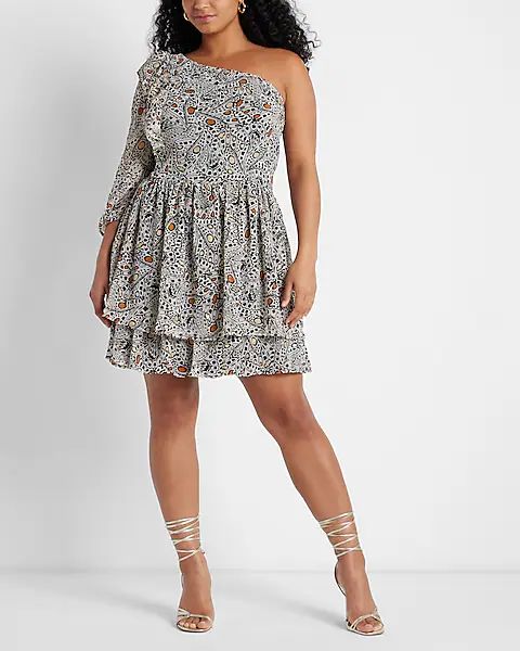 Rachel Zoe Printed One Shoulder Ruffle Mini Dress | Express