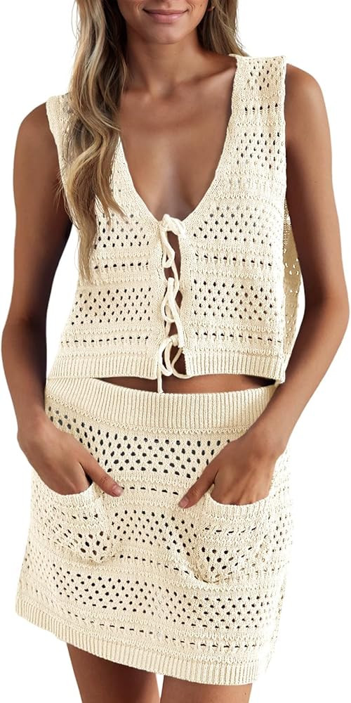 Saodimallsu Womens Crochet Swim Cover Up 2 Piece V Neck Sleeveless Front Tie Crop Tops Beach Mini... | Amazon (US)