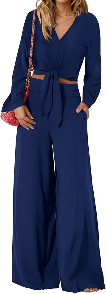 PRETTYGARDEN Women's 2 Piece Outfits 2024 Fall Casual Tracksuits V Neck Long Sleeve Strappy Crop ... | Amazon (US)
