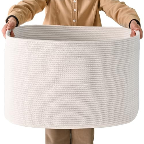 ICERZCZ White Laundry Basket, Blanket Baskets for Living Room, Cotton Rope Baskets for Storage, Woven Basket for Blankets, Toys, Clothes, Shoes, White, 25”x16”x16” (105L) | Amazon (US)