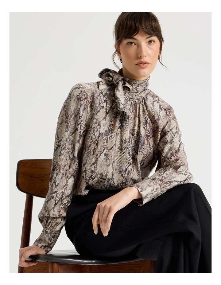 BasqueLong Sleeve Tie Front Crinkle Top in Snake Print | Myer