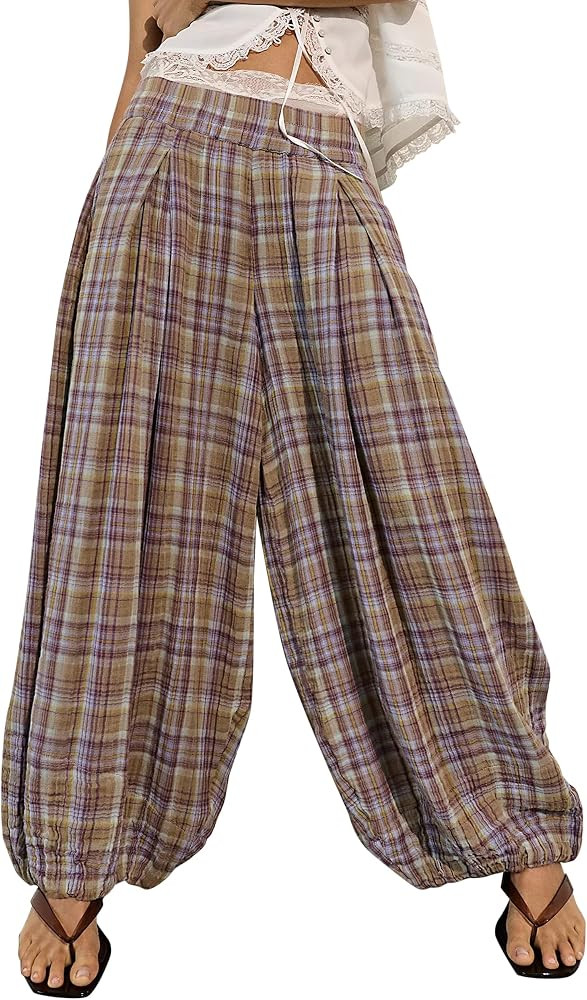 Ziesexy Plaid Balloon Pants Women Casual Wide Leg Elastic Waist Gingham Pants with Pockets | Amazon (US)